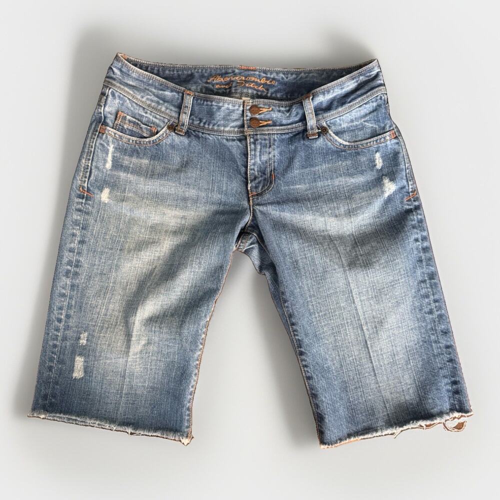 Abercrombie Fitch Womens Y2K Distressed Bermuda Shorts Size 4 Cut Off Raw Denim⁠